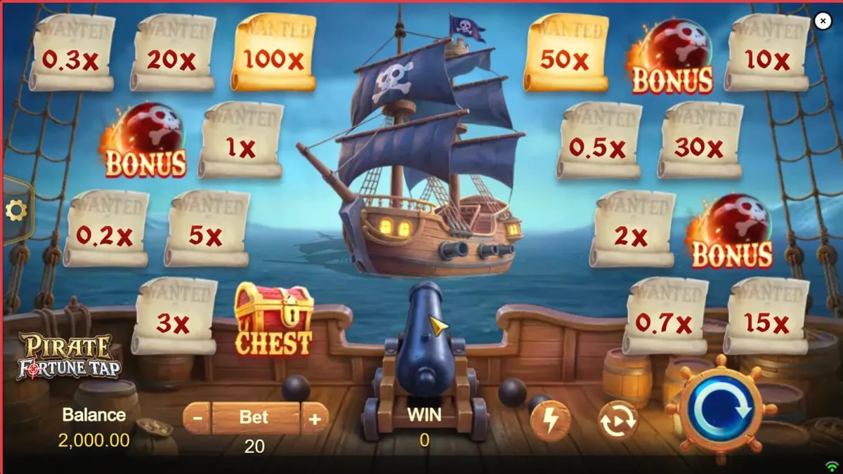 Tampilan layar permainan Pirate Fortune Tap dengan mekanisme meriam dan target bajak laut